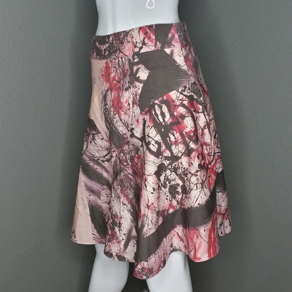 Vintage 90s Y2K Hanley Mellon Pink Brown Paint Spatter Print A Line Skirt Size 2 - Picture 3 of 8